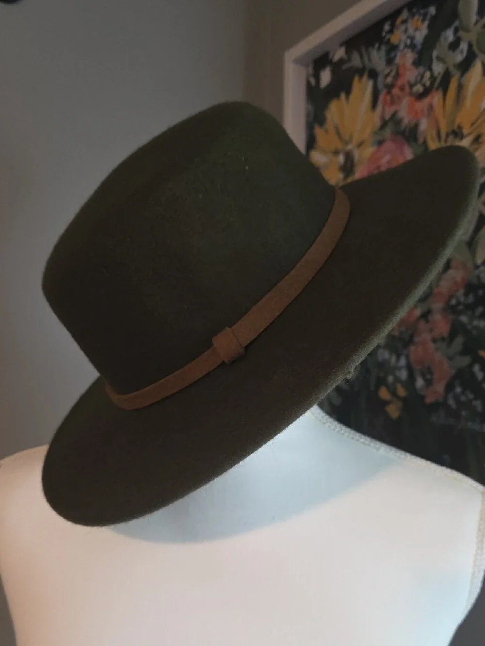 Olive Green 100% Wool Hat with Brown Trim